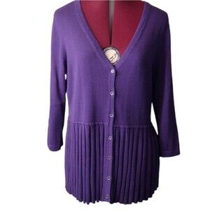 Vintage Isaac Mizrahi Live M purple pleated long cardigan sweater 3/4 sleeve